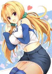  ahoge bad_id bad_pixiv_id bare_shoulders between_breasts blonde_hair breasts breasts_squeezed_together buttons clothes_between_breasts covered_nipples deep_skin denim denim_skirt detached_sleeves female from_side garter_straps heart lace-trimmed_skirt lace_trim large_breasts lena_liechtenauer long_hair long_sleeves low_twintails midriff minari_(minari37) navel open_mouth outside_border purple_eyes scrunchie senren_banka skirt solo striped_clothes striped_thighhighs thighhighs twintails twitter_username zettai_ryouiki 