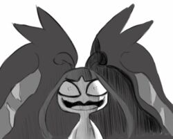  alpacapala ambiguous_gender creepy generation_6_pokemon hair_mouth looking_at_viewer mega_evolution mega_mawile monochrome nintendo open_mouth pokemon pokemon_(species) sharp_teeth simple_background solo teeth tongue 