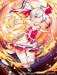  ;d ass_visible_through_thighs bare_hips commentary_request female fire grey_eyes hair_ribbon looking_at_viewer official_art one_eye_closed open_mouth ribbon sideless_outfit smile solo sun_symbol tama_(wixoss) twintails white_hair wixoss yuzuki_kihiro 