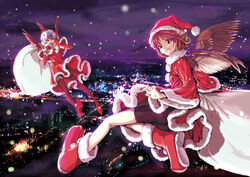  2girls animal_ears blue_hair blush boots christmas city gloves gray_hair hat horns mystia_lorelei night pink_hair red_eyes santa_costume shiba_itsuki sky thighhighs tokiko touhou wings 