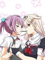  2girls arm_grab black_ribbon black_serafuku blonde_hair commentary_request food hair_flaps hair_ornament hair_ribbon hairclip highres kantai_collection kutsugen_kanna_(mikouken) long_hair multiple_girls neckerchief pocky pocky_day pocky_kiss ponytail ribbon scarf school_uniform serafuku shared_food shiranui_(kancolle) straight_hair very_long_hair white_scarf yuudachi_(kancolle) yuudachi_kai_ni_(kancolle) 