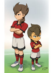  2boys bad_id bad_pixiv_id black_eyes brothers brown_eyes brown_hair full_body inazuma_eleven_(series) inazuma_eleven_go kidokawa_seishuu long_hair male_focus mizuhara_aki multiple_boys pillarboxed siblings soccer_uniform sportswear standing taki_sousuke taki_yoshihiko 