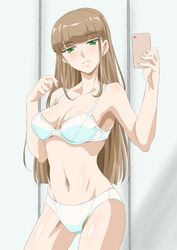  armpits blunt_bangs blunt_ends bra breasts breasts_apart cellphone cleavage clenched_hand collarbone commentary_request cowboy_shot female green_eyes grey_hair grin half-closed_eyes hand_up hands_up hip_focus holding holding_phone indoors kosokosomaru_(higashi_taishi) long_hair looking_at_viewer medium_breasts miyazaki_yuu mole mole_under_mouth navel original panties parted_lips phone selfie sidelocks smartphone smile solo standing straight_hair strap_gap underwear underwear_only very_long_hair white_bra white_panties 