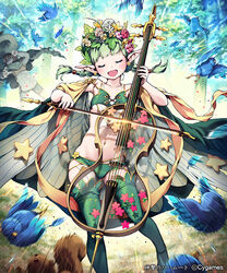  1boy :d ahoge bad_id bad_pixiv_id bird blush braid cape cello closed_eyes destructive_music female flower green_hair green_theme hair_flower hair_ornament head_wreath instrument len_(a-7) music navel open_mouth photoshop_(medium) playing_instrument pointy_ears polka_(shingeki_no_bahamut) shingeki_no_bahamut smile squirrel thighhighs twin_braids 