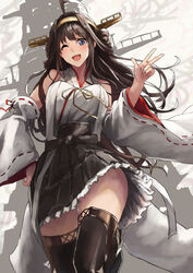  battleship black_footwear black_skirt blue_eyes blush boots breasts brown_hair commentary_request detached_sleeves double_bun female hair_between_eyes hair_bun hairband headgear japanese_clothes kantai_collection kongou_(battleship) kongou_(kancolle) long_hair medium_breasts military_vehicle nontraditional_miko one_eye_closed remodel_(kantai_collection) ribbon-trimmed_sleeves ribbon_trim seven_(shijima) ship skirt thigh_boots thighhighs vehicle_and_personification warship watercraft wide_sleeves 