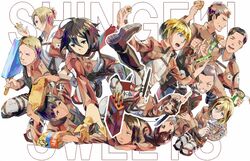  5girls 6+boys annie_leonhart armin_arlert bad_id bad_pixiv_id bertolt_hoover connie_springer emblem english_text eren_yeager food jean_kirstein krista_lenz ma_zara marco_bott mikasa_ackerman military military_police_brigade_(emblem) military_uniform multiple_boys multiple_girls paradis_military_uniform reiner_braun sasha_blouse shingeki_no_kyojin survey_corps_(emblem) uniform ymir_(shingeki_no_kyojin) 