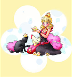  animal bird black_cat black_panther blonde_hair blush breasts chick chicken cleavage corset crown dress drill_hair feline female heart heart-shaped_pillow in_palm looking_at_viewer mini_crown official_art pillow red_eyes rose_bernstein seiza sitting solo the_king_of_fighters twin_drills twintails 