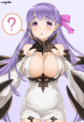  ? bare_shoulders blush breasts claws cleavage cleavage_cutout clothing_cutout commentary_request cosplay curry_soba detached_sleeves dress eyebrows fate/extra fate/extra_ccc fate_(series) female hair_ribbon highres huge_breasts kantai_collection long_hair open_mouth passionlip_(fate) pink_eyes purple_hair ribbed_dress ribbon seaport_water_oni seaport_water_oni_(cosplay) short_dress simple_background solo speech_bubble spoken_question_mark sweatdrop thigh_gap very_long_hair white_dress 