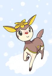  alpacapala ambiguous_gender brown_body brown_fur deer deerling feral fur generation_5_pokemon grey_eyes mammal nintendo outside pokemon pokemon_(species) simple_background smile snow solo tan_body tan_fur winter winter_deerling 