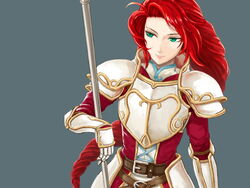  absurdres armor bad_id bad_pixiv_id braid female fire_emblem fire_emblem:_path_of_radiance fire_emblem:_radiant_dawn gloves green_eyes grey_background highres long_hair pazuzu438 polearm red_hair simple_background smile solo titania_(fire_emblem) weapon 