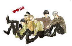  5boys bigbang black_hair black_pants black_shoes blonde_hair boots bracelet closed_eyes daesung g-dragon hair_over_one_eye jacket jewelry k-pop leaning leopard_print long_sleeves looking_at_viewer male_focus mohawk multiple_boys pants seungri_(bigbang) shoes simple_background sitting smile sunglasses t.o.p_(bigbang) taeyang v-neck white_background white_hair 