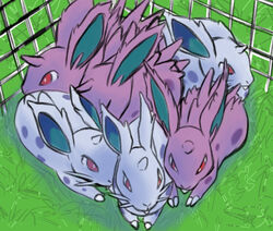  alpacapala ambiguous_gender closed_eyes fangs feral generation_1_pokemon grass group horn nidoran nidoran♀ nidoran♂ nintendo outside plant pokemon pokemon_(species) red_eyes teeth 