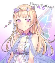  bang_dream! bare_shoulders blonde_hair blue_flower closed_mouth commentary_request dated dress fairy_wings female flower hair_flower hair_ornament happy_birthday long_hair looking_at_viewer pink_eyes see-through shirasagi_chisato sleeveless sleeveless_dress smile solo sparkle tiny_(tini3030) white_background white_dress wings 