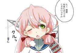  akashi_(kancolle) b-man bandana blush commentary_request crane_(machine) female green_eyes hair_ribbon kantai_collection long_hair one_eye_closed open_mouth pink_hair ribbon school_uniform serafuku solo translated tress_ribbon 