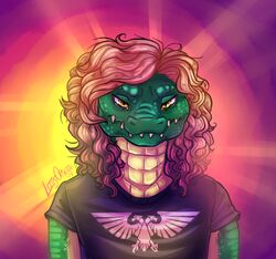  amber_eyes anthro backlighting clothed clothing crocodile crocodilian crocodylid hair light lighting long_hair lotusaur male reptile scalie simple_background solo tick_tock tools warhammer_(franchise) warhammer_40000 