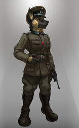  2018 absurd_res anthro belt black_nose blue_eyes boots canid canine canis clothing combat_boots cross digital_media_(artwork) domestic_dog eyebrows footwear fur german_shepherd grey_background gun handgun hat hauptmann_meade headgear headwear herding_dog hi_res iron_cross male mammal mauser_c96 military military_cap military_uniform nazi officer pastoral_dog pistol ranged_weapon simple_background soldier solo standing thepimpartist uniform warrior weapon wehrmacht world_war_2 