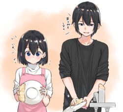  1boy :d apron black_hair black_shirt blue_eyes blush brother_and_sister closed_mouth commentary faucet female flying_sweatdrops hair_between_eyes holding holding_plate open_mouth original pink_apron plate shirt short_sleeves siblings sleeves_pushed_up smile soap_bubbles sponge suzunari_raiga suzunari_shizuku translated turtleneck white_shirt yuki_arare 