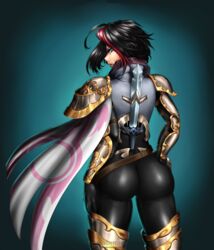  armor ass belt black_hair cape collar female fiora_laurent from_behind hand_on_hip kawaiibentobox league_of_legends leggings looking_at_viewer short_hair sword weapon 