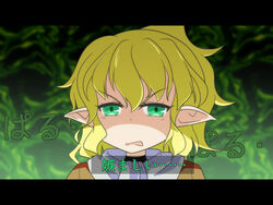  angry anime_coloring aura bags_under_eyes blonde_hair cato_(monocatienus) commentary_request dark_aura fake_screenshot female fire green_eyes green_fire jealous letterboxed mizuhashi_parsee open_mouth paru_paru pointy_ears ponytail scarf shaded_face solo touhou translated upper_body wavy_hair wavy_mouth 