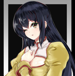  agent_aika aika_(series) blue_hair breasts brown_eyes cleavage cleavage_cutout clothing_cutout commentary_request delmogeny_uniform derivative_work dress female golden_delmo hand_on_own_chest highres jmdyer000 juliet_sleeves long_hair long_sleeves looking_at_viewer medium_breasts one_eye_closed parted_lips puffy_sleeves rie_petoriyacowa simple_background solo upper_body yellow_dress 