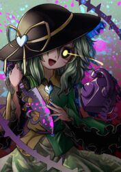  :d blood bow commentary_request eyeball female glowing glowing_eye green_hair hat hat_bow heart heart_of_string highres knife komeiji_koishi nomayo open_mouth phone short_hair smile solo third_eye touhou 