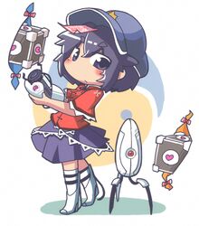  aperture_science_handheld_portal_device aperture_science_weighted_companion_cube blue_eyes blue_hair commentary_request dezombification female gap_(touhou) hat hat_ornament heart hekoningyou_(waraningyou) jiangshi long_fall_boots miyako_yoshika ofuda portal_(series) portal_1 sentry_turret_(portal) short_hair solo star_(symbol) star_hat_ornament touhou yin_yang 