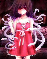  bad_id bad_pixiv_id bookmark brown_hair cokumu dress female kuchinawa living_hair long_hair monogatari_(series) otorimonogatari red_eyes sengoku_nadeko snake snake_hair spoilers tears 