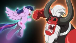  16:9 2016 alicorn beard centaur deaffinity deannart duo equid equid_taur equine european_mythology facial_hair facial_piercing fangs feathered_wings feathers female fight friendship_is_magic gradient_background greek_mythology hasbro hi_res horn humanoid_taur male mammal mammal_taur my_little_pony mythological_creature mythological_equine mythology nose_piercing nose_ring piercing ring_piercing septum_piercing simple_background taur teeth tirek_(mlp) twilight_sparkle_(mlp) widescreen wings 