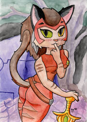  2018 absurd_res alternate_species anthro ass breasts catra_(she-ra) clothing domestic_cat felid feline felis female furrification hair hi_res kemono looking_back mammal masters_of_the_universe mattel melee_weapon netflix red_clothing she-ra_(copyright) she-ra_and_the_princesses_of_power solo striped_body striped_skin stripes sword weapon wunderhase 