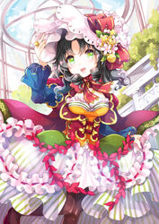  :d black_hair black_legwear commentary_request dress female frilled_dress frills green_eyes hairband lolita_hairband long_hair momoiro_taisen_pairon official_art open_mouth smile solo yamadori_ofuu 