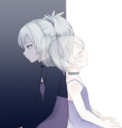  2girls aged_down back-to-back black_choker choker closed_eyes commentary_request darker_than_black dress expressionless flat_chest hair_ribbon highres multiple_girls ponytail profile purple_dress purple_eyes ribbon short_hair simple_background sitting smile time_paradox walkalone white_hair yin_(darker_than_black) 