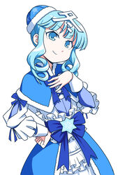  anbe_masahiro blue_bow blue_capelet blue_dress blue_eyes blue_hair blue_hat bow capelet closed_mouth commentary_request dress drill_hair female frilled_sleeves frills fumi-chan_(nhk) hair_ornament hand_on_own_chest hand_on_own_hip hat head_tilt kanji long_sleeves looking_at_viewer medium_dress nhk_(broadcaster) short_hair sidelocks simple_background smile solo standing twin_drills upper_body white_background 