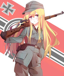  :t absurdres belt blonde_hair blue_eyes blush bolt_action commentary cowboy_shot cross explosive female flag_background germany gloves grenade gun hand_in_pocket highres iron_cross long_hair mauser_98 nazi_war_ensign original pout reichsadler rifle shigure_s sniper_rifle solo stielhandgranate swastika weapon world_war_ii 