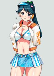  alternate_breast_size bikini bikini_top_only black_hair blue_skirt blush breasts commentary_request cosplay embarrassed female headset heart houshou_(kancolle) idolmaster kantai_collection large_breasts long_hair navel nitta_minami nitta_minami_(cosplay) perepere-kun ponytail skirt suzaki_aya swimsuit visor_cap voice_actor_connection 