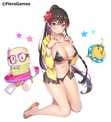  3: bikini black_bikini black_hair blush breasts cleavage commentary_request company_name cuisine_dimension earrings female flip-flops full_body hands_on_own_chest jacket jewelry kneeling large_breasts layered_bikini long_hair long_sleeves looking_at_viewer navel open_clothes open_jacket photoshop_(medium) ponytail popqn purple_eyes sandals simple_background solo string_bikini swimsuit tan tanlines very_long_hair white_background yugwa_(cuisine_dimension) 