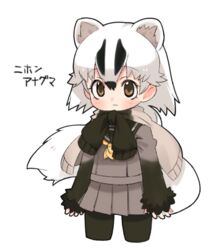  :3 badger_ears beige_sweater black_hair black_pantyhose black_sailor_collar black_sweater blush brown_eyes character_name closed_mouth clothes_lift collared_shirt cowboy_shot cropped_legs dot_nose extra_ears female gradient_clothes grey_shirt grey_skirt hair_between_eyes jacket_around_neck japanese_badger_(kemono_friends_guidebook) kemono_friends long_hair long_sleeves looking_at_viewer low_ponytail moru_(monaka) multicolored_clothes multicolored_hair multicolored_sweater neckerchief pantyhose pleated_skirt ponytail sailor_collar sanpaku school_uniform serafuku shirt shirt_lift simple_background skirt smile solo sweater sweater_around_neck translated two-tone_hair white_background white_hair yellow_neckerchief 