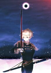  1boy belt blonde_hair chains coat epaulettes fate/prototype fate_(series) pants saber_(fate/prototype) short_hair sword weapon yellow_eyes 