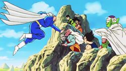  90s animated animated boots cape cliff dabura devil dragon_ball dragon_ball_z green_skin halo kaioushin kibito multiple_boys piccolo red_skin son_gohan son_gokuu staring vegeta 