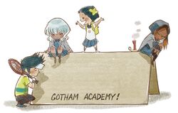  1boy 3girls backpack bag batman_(series) black_hair blazer brother_and_sister brown_hair candle chibi chin_rest copyright_name dark_skin dc_comics gotham_academy hood kyle_mizoguchi maps_mizoguchi multiple_girls necktie olive_silverlock pantyhose placard plaid_skirt pomeline_fritch purple_hair red_eyes school_uniform shirt short_hair siblings sitting sweater_vest t-shirt tennis_racket torn_pantyhose visor 