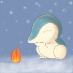  1:1 alpacapala ambiguous_gender closed_eyes cyndaquil feral fire generation_2_pokemon nintendo outside pokemon pokemon_(species) snow solo winter 