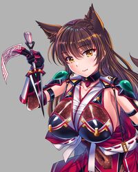  animal_ears ass bodysuit breasts brown_hair female female fox_ears huge_breasts kaiba_(taimanin_asagi_battle_arena) kunai lilith-soft long_hair looking_at_viewer saijou_satoru shiny shiny_hair simple_background smile solo taimanin_(series) taimanin_asagi_battle_arena weapon 