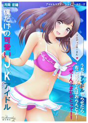  :d beach bikini bikini_skirt blue_bow blush bow breasts brown_eyes brown_hair commentary_request day female frills hairbow highres idolmaster idolmaster_shiny_colors large_breasts lens_flare long_hair looking_at_viewer lukmanscootkenn navel ocean open_mouth photoshop_(medium) pink_bikini ponytail ribbon sand sarong see-through see-through_sarong skirt sky smile solo stomach swimsuit tsukioka_kogane water 