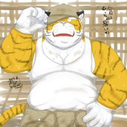  1:1 2019 anthro belly big_belly bodily_fluids bottomwear clothing felid gloves handwear hat headgear headwear humanoid_hands japanese_text kemono male mammal pantherine pants shirt slightly_chubby solo sweat tanutronik753_k text tiger topwear 