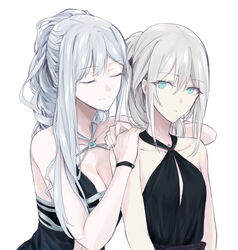  2girls ak-12_(girls&#039;_frontline) ak-12_(quiet_azure)_(girls&#039;_frontline) alternate_costume an-94_(girls&#039;_frontline) an-94_(silent_rouge)_(girls&#039;_frontline) aquamarine_(gemstone) black_dress blue_dress blush breasts cleavage closed_eyes commentary dress duplicate english_commentary evening_gown eyes_visible_through_hair girls&#039;_frontline grey_hair halter_dress halterneck highres large_breasts multiple_girls official_alternate_costume photoshop_(medium) pixel-perfect_duplicate smile suprii white_background white_hair 