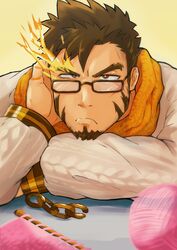  1boy bara bespectacled brown_hair casual cross_scar facial_hair flaming_eye forked_eyebrows glasses goatee heracles_(housamo) highres long_sideburns looking_at_viewer male_focus official_alternate_costume portrait pout scar scarf short_hair sideburns solo sweater tatatan_(ts_kon2) tokyo_afterschool_summoners upper_body white_sweater yellow_scarf 