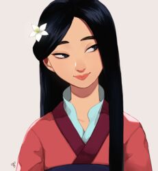  black_hair chinese_clothes commentary fa_mulan_(disney) female flower hair_flower hair_ornament hanfu long_hair looking_to_the_side mulan pano_(mohayayamai) parted_bangs robe smile solo upper_body 