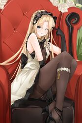  ;p absurdres azur_lane back_bow black_footwear black_gloves blonde_hair blue_eyes bow breasts brown_pantyhose center_opening dress female flower full_body gloves high_heels highres indoors long_hair official_alternate_costume on_chair one_eye_closed pantyhose ps_rinsu rose see-through see-through_dress shepherd&#039;s_crook sitting sleeveless sleeveless_dress small_breasts solo thighband_pantyhose tongue tongue_out vanguard_(azur_lane) vanguard_(half-hearted_masquerade)_(azur_lane) very_long_hair white_dress white_flower white_rose 