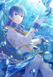  1boy aiguillette air_bubble azaka_(pipponao) belt blue_eyes blue_gloves blue_hair blue_scarf blue_theme blurry blurry_foreground bubble buttons commentary double-breasted gloves hands_up highres jacket kaito_(vocaloid) magical_mirai_(vocaloid) magical_mirai_kaito magical_mirai_kaito_(2021) male_focus pants rainbow scale_print scarf smile solo submerged sunlight underwater uniform vocaloid white_gloves white_jacket white_pants 