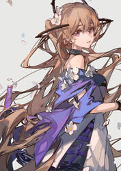  arknights bare_shoulders black_collar brown_hair ciloranko collar commentary_request cowboy_shot dress female flower grey_background hair_between_eyes headgear highres indigo_(arknights) infection_monitor_(arknights) long_hair looking_at_viewer off-shoulder_dress off_shoulder parted_lips petals purple_dress purple_eyes simple_background solo very_long_hair white_flower 