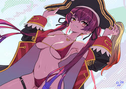  absurdres adapted_costume bikini black_hat breasts chilidog_(lumchan777) commentary dated detached_sleeves earrings female hands_on_headwear hat heart heart_earrings heart_necklace heterochromia highres hololive houshou_marine houshou_marine_(1st_costume) houshou_marine_(summer) jacket jewelry large_breasts long_hair long_sleeves looking_at_viewer navel necklace no_eyepatch open_clothes open_jacket pirate_hat red_bikini red_eyes red_hair signature smile solo standing sweat swimsuit thigh_strap thighs twintails virtual_youtuber yellow_eyes 